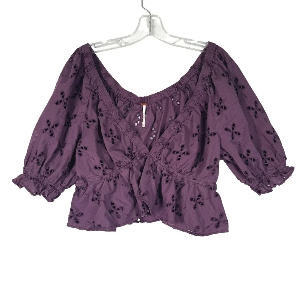 Free People Gardenia Top Purple Eyelet V-Neck Peplum Puff Sleeve Boho Large